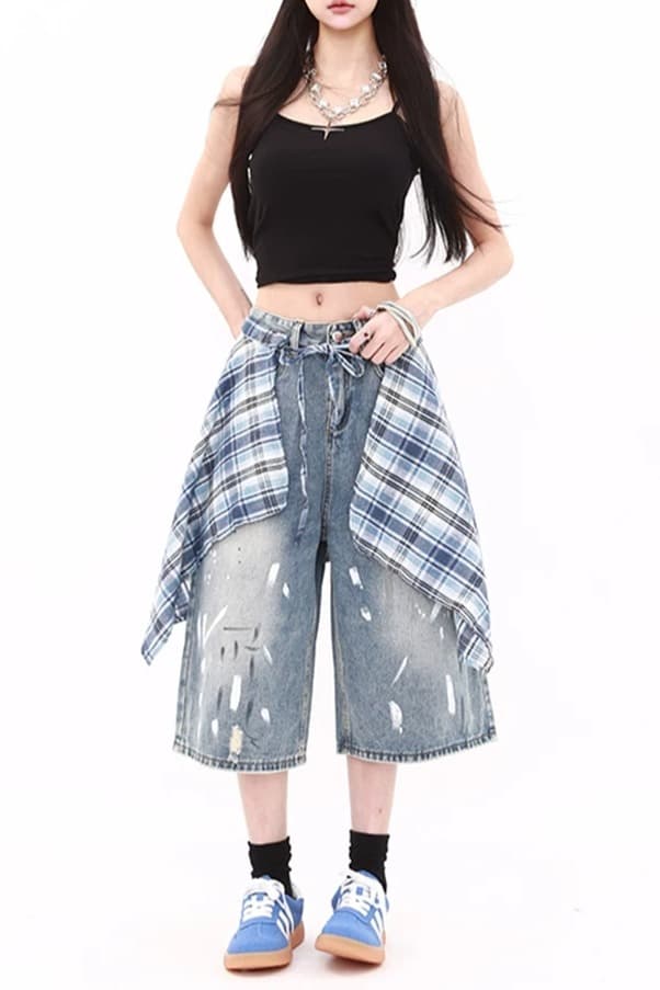 배색 체크무늬 치마 먹물 데님 7부 바지 여성 ins 여름과 가을 디자인 센스 루즈핏 넓은 다리 7 분 중 바지 이미지 6