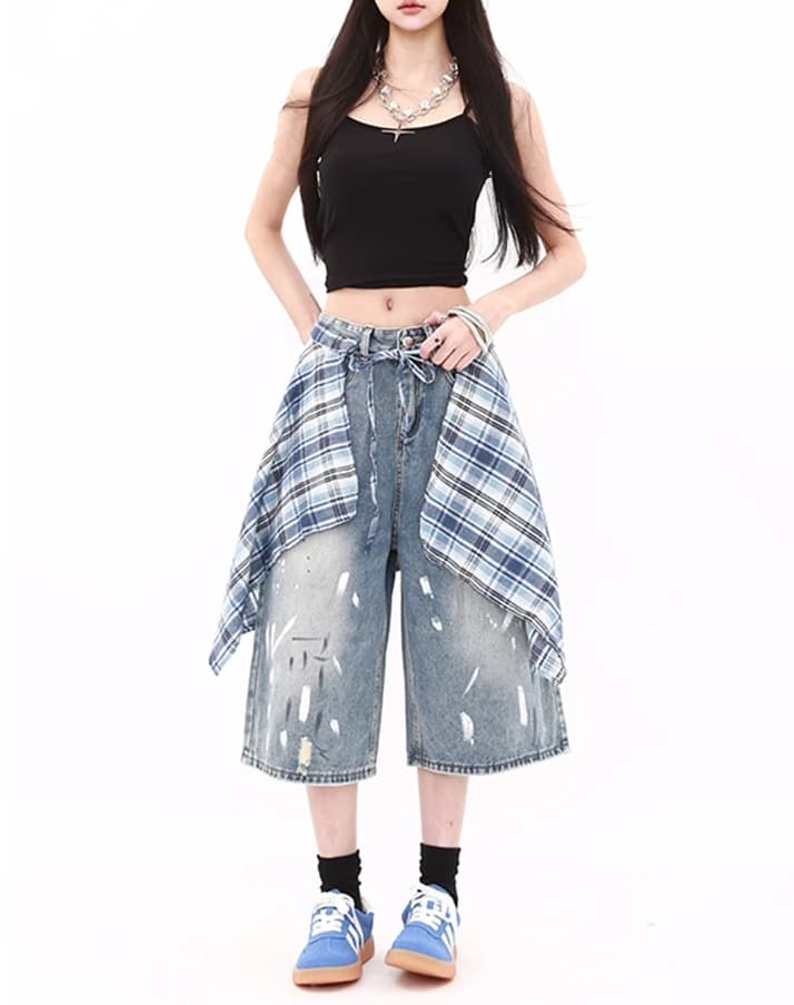 배색 체크무늬 치마 먹물 데님 7부 바지 여성 ins 여름과 가을 디자인 센스 루즈핏 넓은 다리 7 분 중 바지 상세 이미지 3