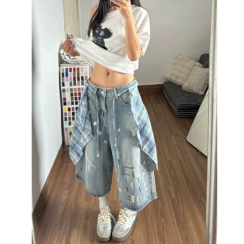 배색 체크무늬 치마 먹물 데님 7부 바지 여성 ins 여름과 가을 디자인 센스 루즈핏 넓은 다리 7 분 중 바지