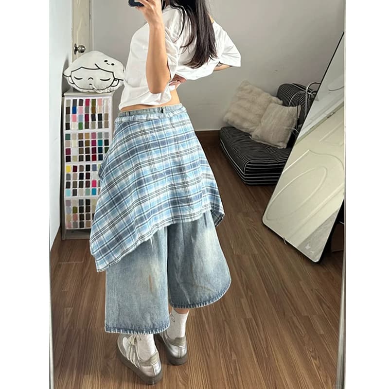 배색 체크무늬 치마 먹물 데님 7부 바지 여성 ins 여름과 가을 디자인 센스 루즈핏 넓은 다리 7 분 중 바지 이미지 5