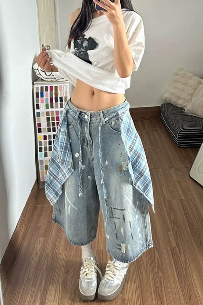 배색 체크무늬 치마 먹물 데님 7부 바지 여성 ins 여름과 가을 디자인 센스 루즈핏 넓은 다리 7 분 중 바지 이미지 6