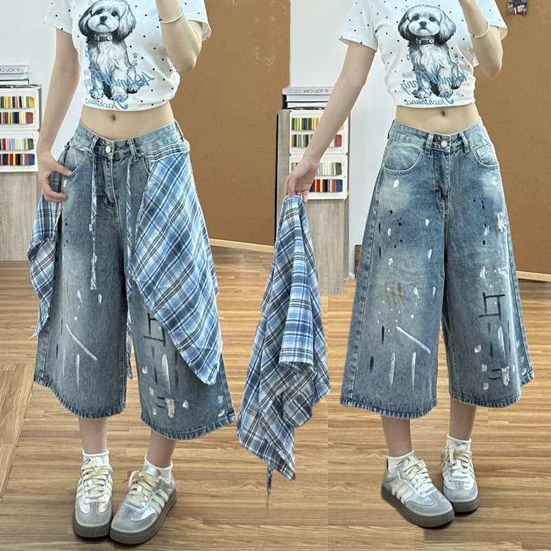배색 체크무늬 치마 먹물 데님 7부 바지 여성 ins 여름과 가을 디자인 센스 루즈핏 넓은 다리 7 분 중 바지