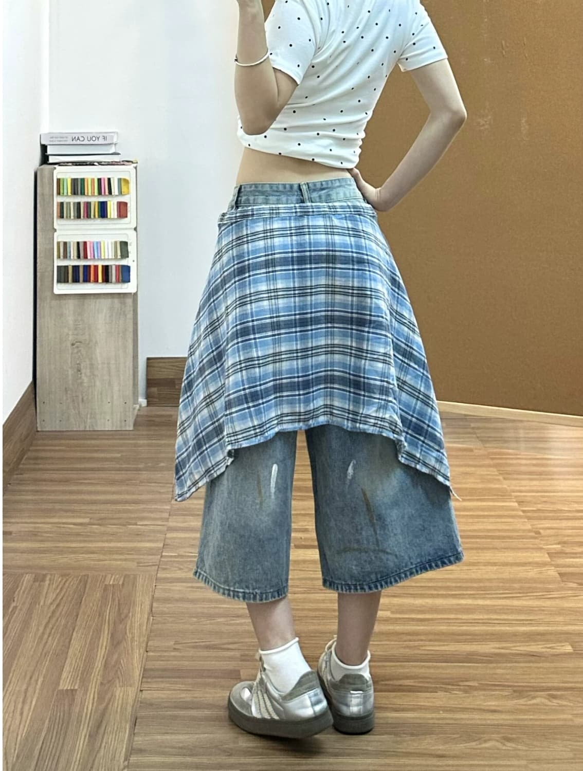 배색 체크무늬 치마 먹물 데님 7부 바지 여성 ins 여름과 가을 디자인 센스 루즈핏 넓은 다리 7 분 중 바지 상세 이미지 2