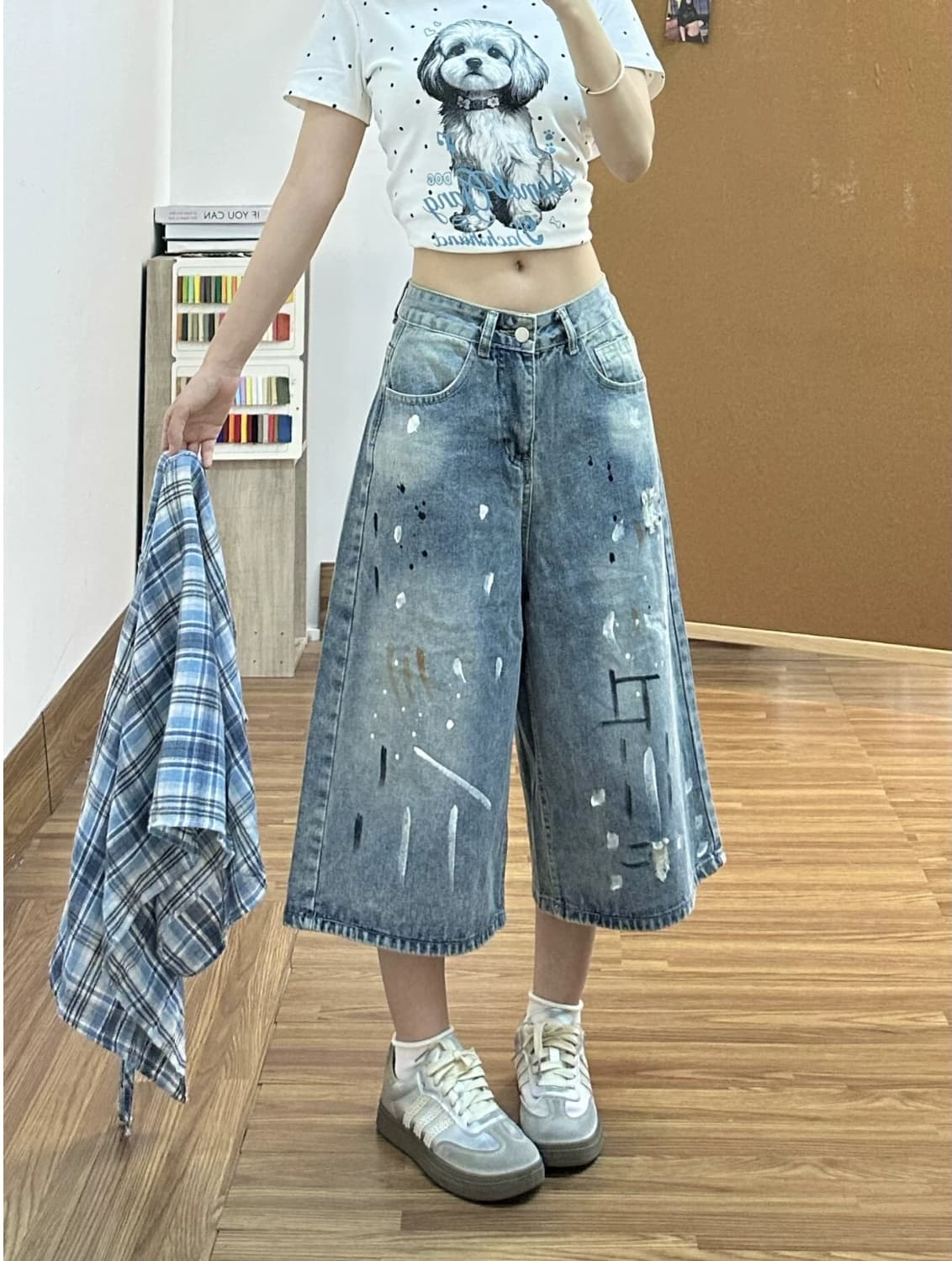 배색 체크무늬 치마 먹물 데님 7부 바지 여성 ins 여름과 가을 디자인 센스 루즈핏 넓은 다리 7 분 중 바지 상세 이미지 5