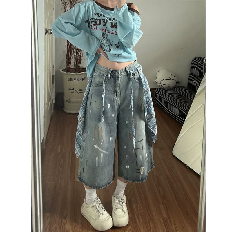 배색 체크무늬 치마 먹물 데님 7부 바지 여성 ins 여름과 가을 디자인 센스 루즈핏 넓은 다리 7 분 중 바지
