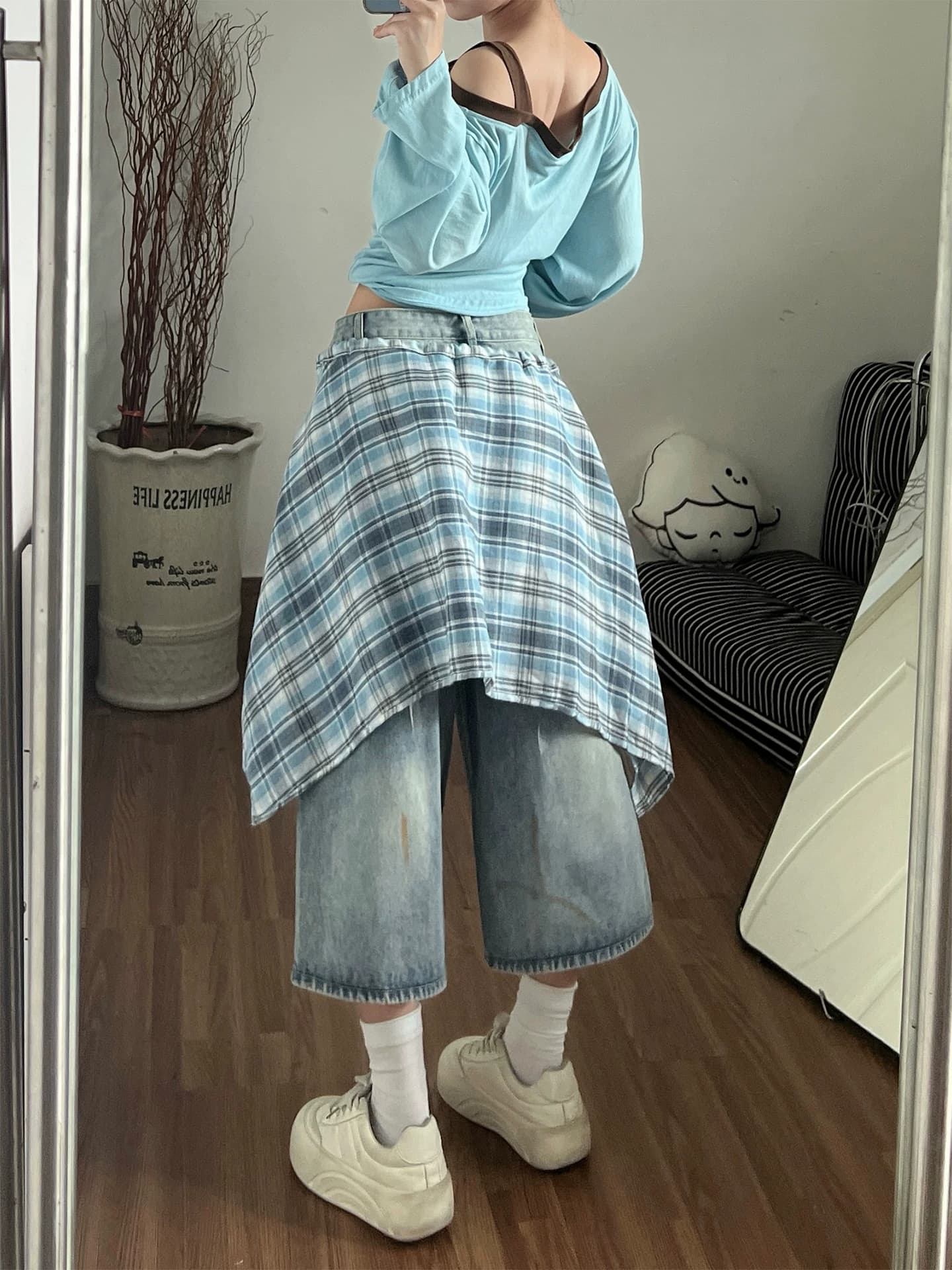 배색 체크무늬 치마 먹물 데님 7부 바지 여성 ins 여름과 가을 디자인 센스 루즈핏 넓은 다리 7 분 중 바지 이미지 4