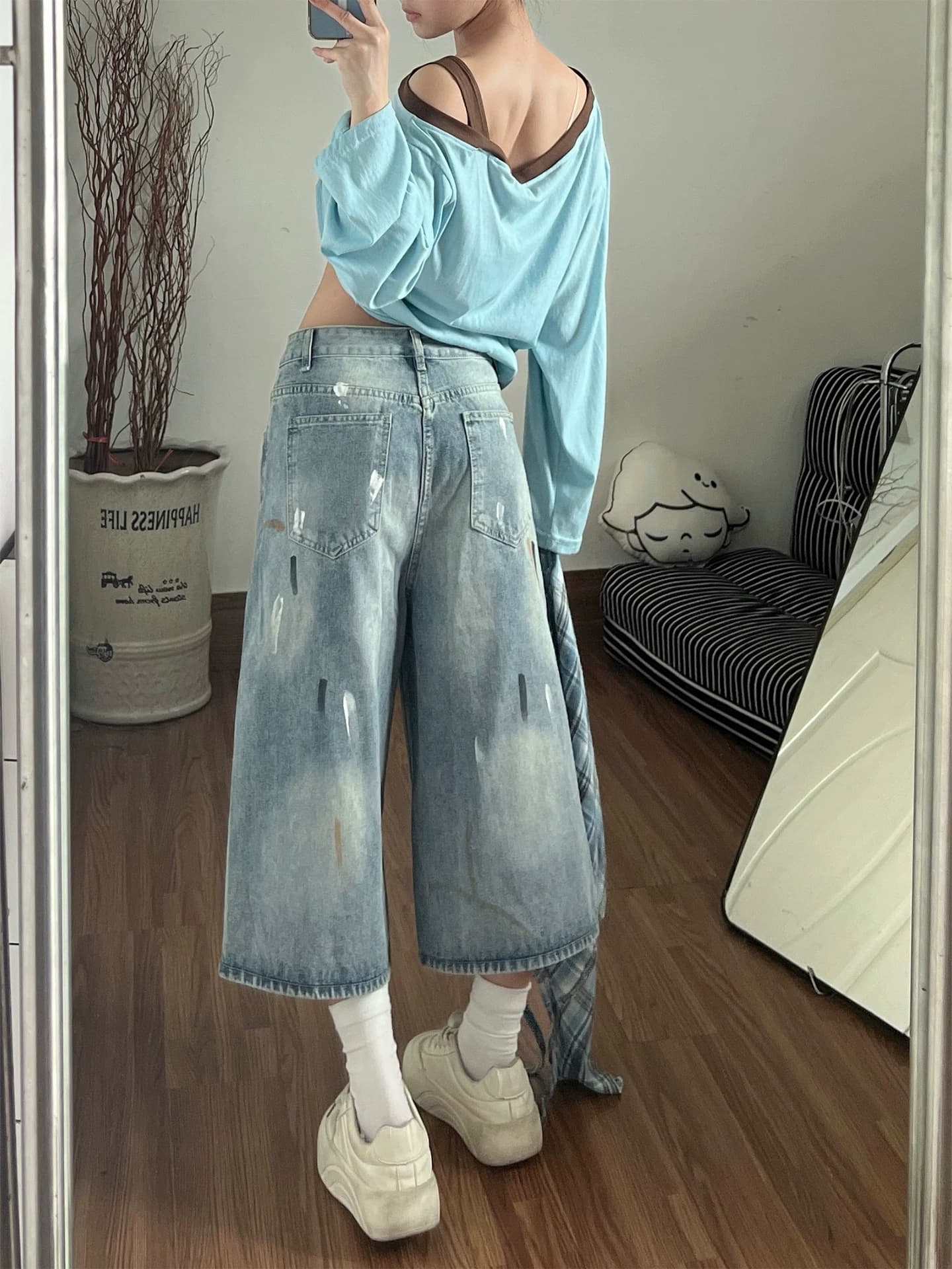 배색 체크무늬 치마 먹물 데님 7부 바지 여성 ins 여름과 가을 디자인 센스 루즈핏 넓은 다리 7 분 중 바지 상세 이미지 2