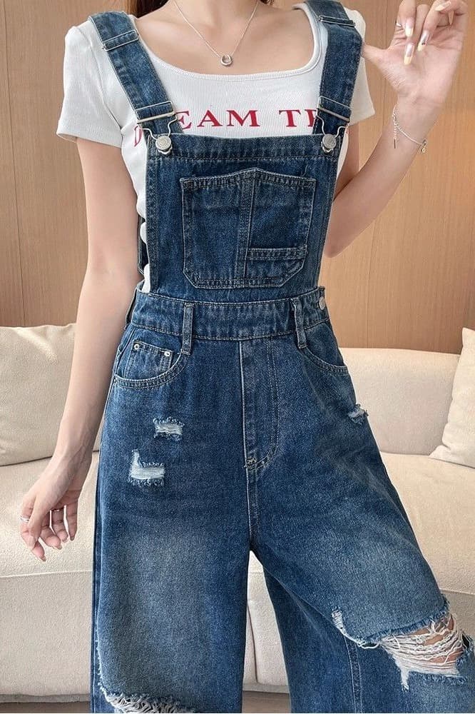 2026 새로운 레트로 데님 멜빵 바지 여성 디자인 센스 작은 대중 루즈핏 다용도 슬림해 보이는 넓은 다리 올인원 멜빵 바지 이미지 6