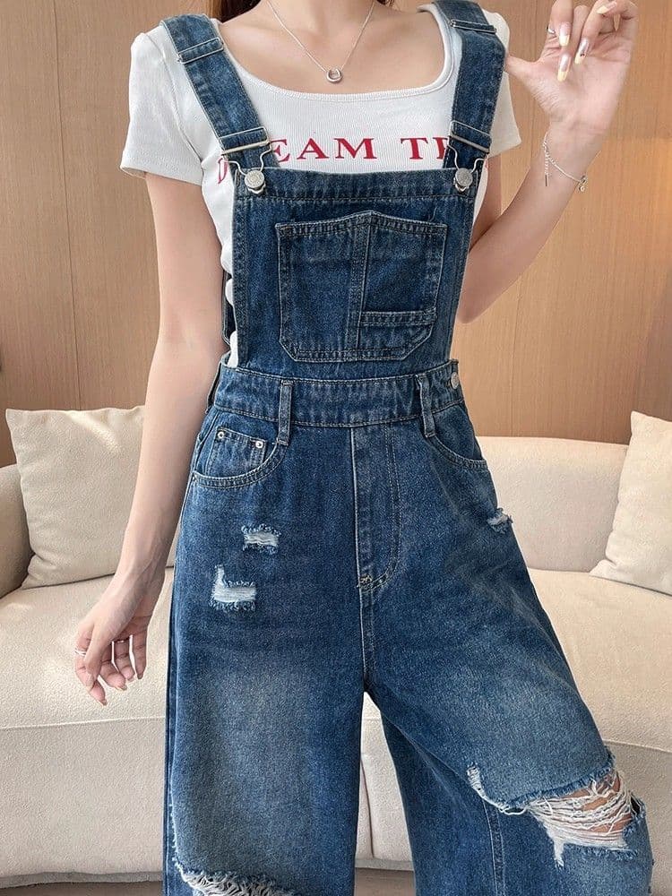 2026 새로운 레트로 데님 멜빵 바지 여성 디자인 센스 작은 대중 루즈핏 다용도 슬림해 보이는 넓은 다리 올인원 멜빵 바지 상세 이미지 5