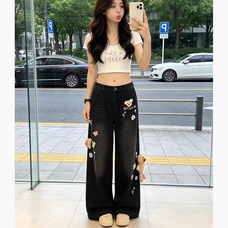 아메리칸 레트로 청바지 여성 가을 작은 곰 착용 가져 가라. 귀여운 자수 루즈핏 슬림해 보이는 얇은 스타일 넓은 다리 길이 바지 트렌디 이미지 2