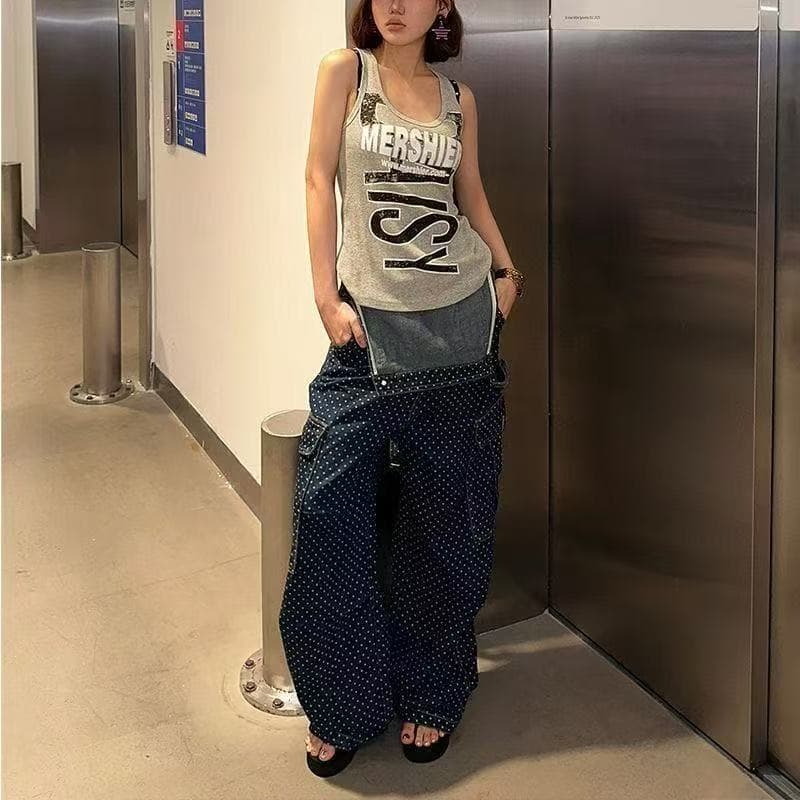 루즈핏 캐주얼 도트 무늬 데님 멜빵 바지 패션 다용도 레트로 가을 어깨 디자인 기타 주머니 트렌드 소녀 바지 상세 이미지 6