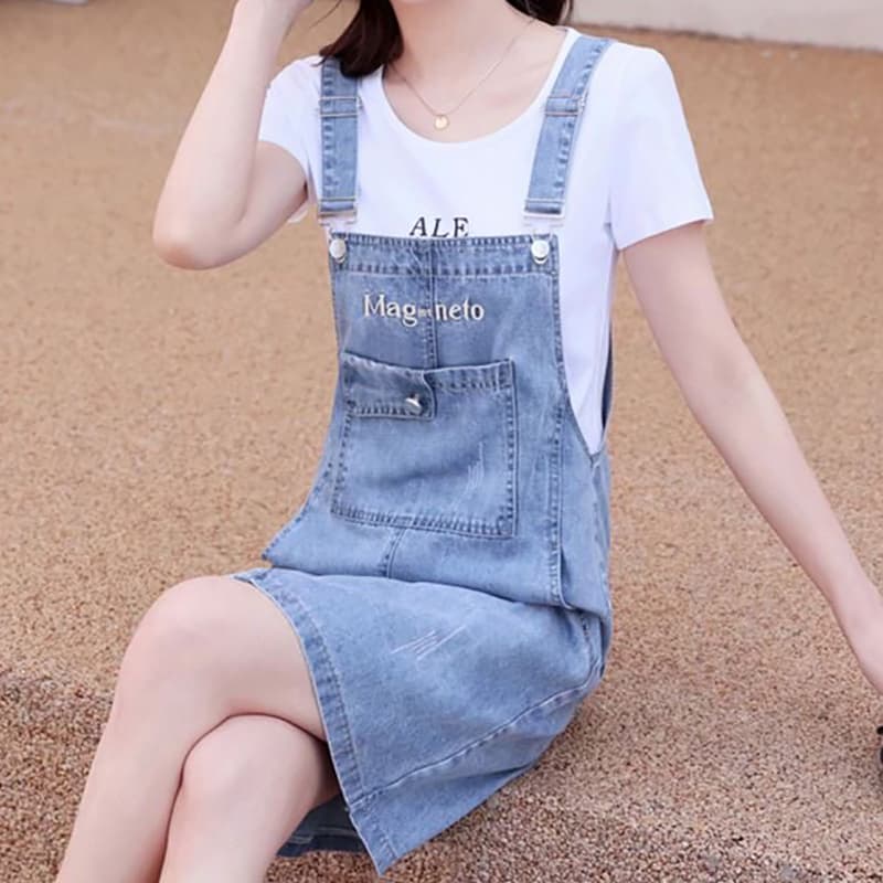 달콤한 차가운 학원 스타일 디자인 센스 데님 멜빵 스커트 아이들 봄 여름 새로운 루즈핏 다용도 멜빵 데님 스커트 이미지 3