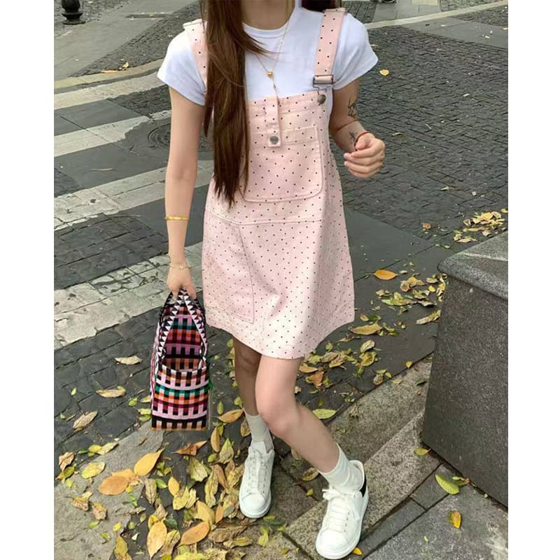 캐주얼 ins 데님 프린트 도트 무늬 멜빵 스커트 아이들 봄 여름 새로운 루즈핏 달콤한 차가운 다용도 멜빵 데님 스커트