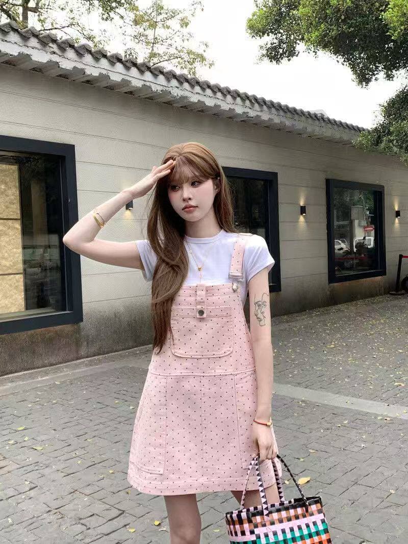 캐주얼 ins 데님 프린트 도트 무늬 멜빵 스커트 아이들 봄 여름 새로운 루즈핏 달콤한 차가운 다용도 멜빵 데님 스커트 상세 이미지 5