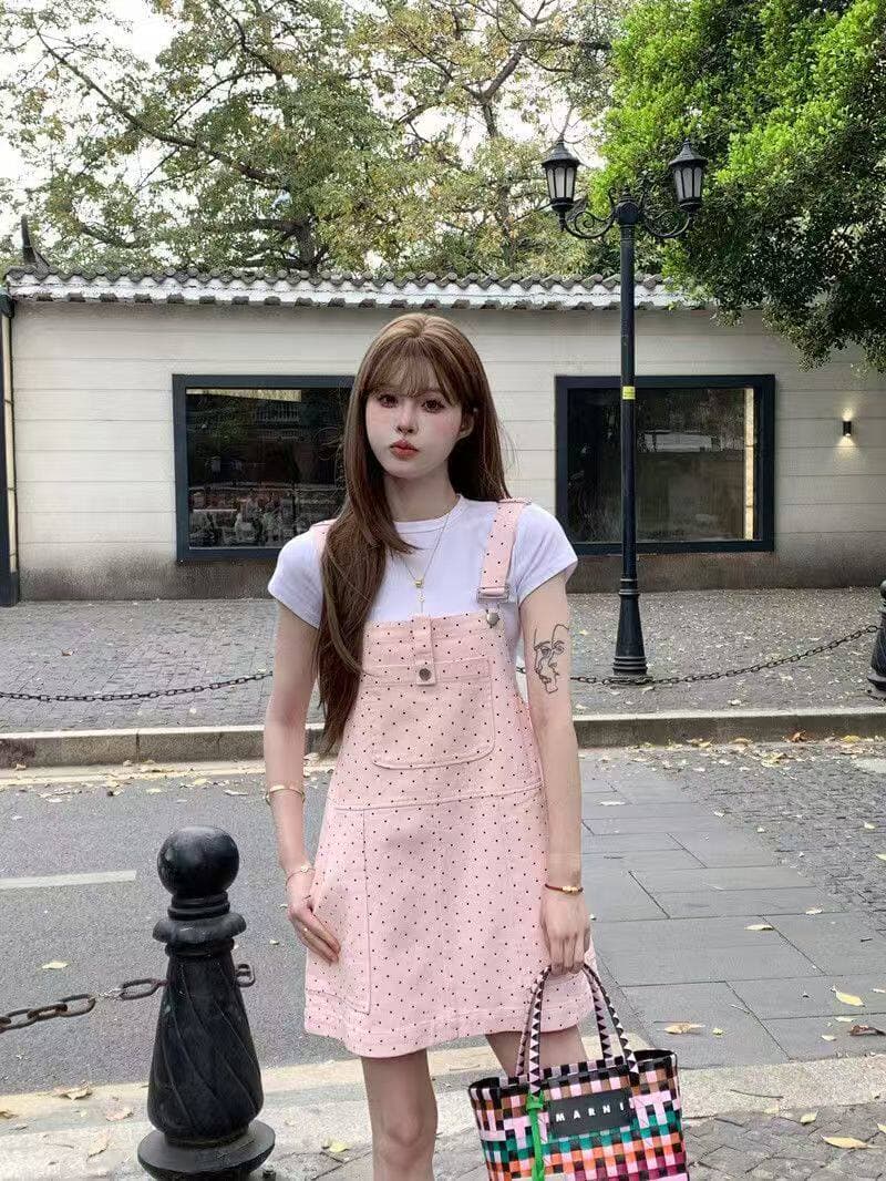 캐주얼 ins 데님 프린트 도트 무늬 멜빵 스커트 아이들 봄 여름 새로운 루즈핏 달콤한 차가운 다용도 멜빵 데님 스커트 상세 이미지 6