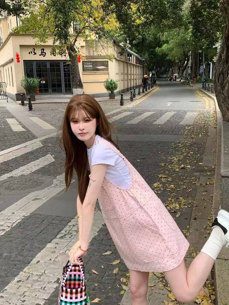 캐주얼 ins 데님 프린트 도트 무늬 멜빵 스커트 아이들 봄 여름 새로운 루즈핏 달콤한 차가운 다용도 멜빵 데님 스커트 상세 이미지 9
