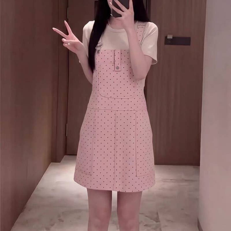 캐주얼 ins 데님 프린트 도트 무늬 멜빵 스커트 아이들 봄 여름 새로운 루즈핏 달콤한 차가운 다용도 멜빵 데님 스커트 이미지 4