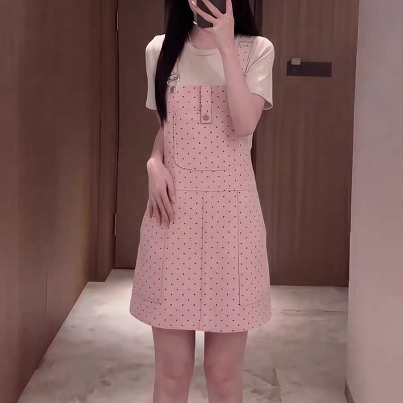 캐주얼 ins 데님 프린트 도트 무늬 멜빵 스커트 아이들 봄 여름 새로운 루즈핏 달콤한 차가운 다용도 멜빵 데님 스커트 이미지 3