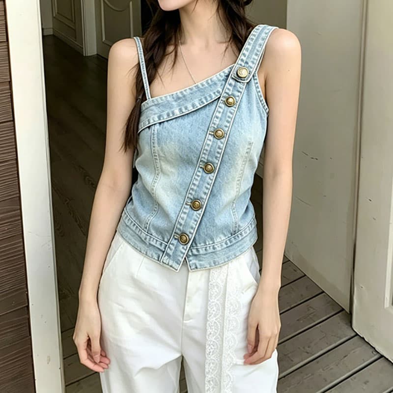 비스듬한 어깨 슬림해 보이는 디자인 슬립 레트로 데님 몸매 가꾸기 봄 여름 새로운 핫걸 쇼트 스타일 조끼 단추 미니멀리즘 맨위