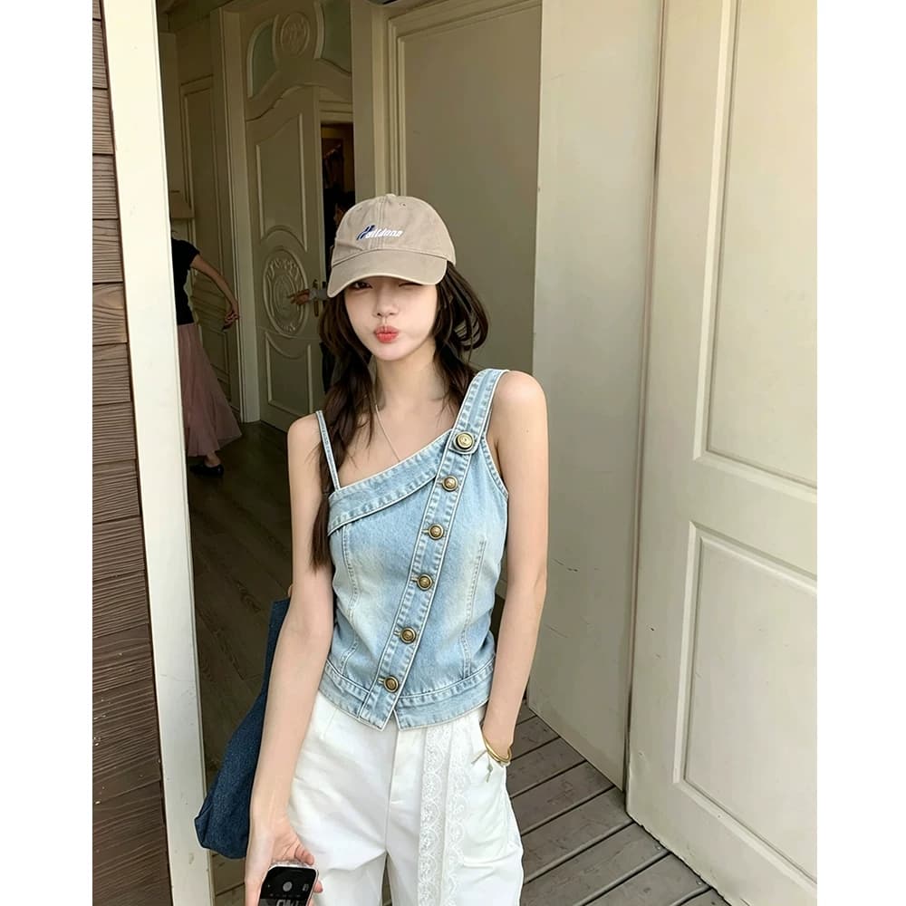 비스듬한 어깨 슬림해 보이는 디자인 슬립 레트로 데님 몸매 가꾸기 봄 여름 새로운 핫걸 쇼트 스타일 조끼 단추 미니멀리즘 맨위 상세 이미지 2