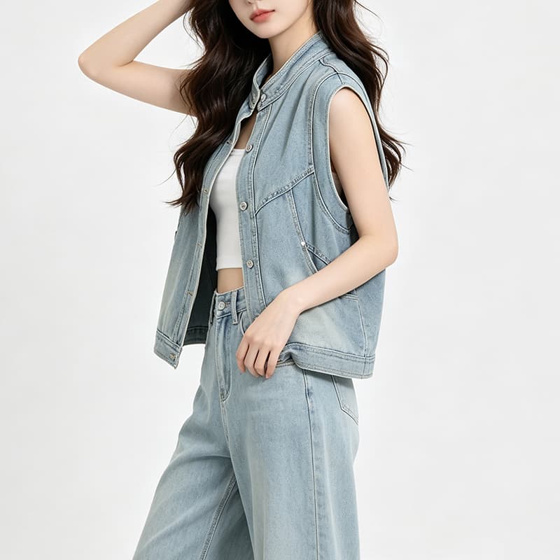 비스듬한 어깨 슬림해 보이는 디자인 슬립 레트로 데님 몸매 가꾸기 봄 여름 새로운 핫걸 쇼트 스타일 조끼 단추 미니멀리즘 맨위 이미지 3