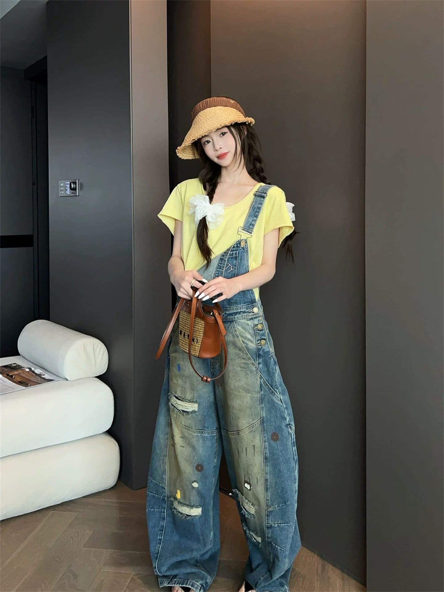 아메리칸 거리 자수 워시 물 먹물 데님 멜빵 바지 여성 여름 새로운 루즈핏 슬림해 보이는 넓은 다리 올인원 긴 바지 상세 이미지 1
