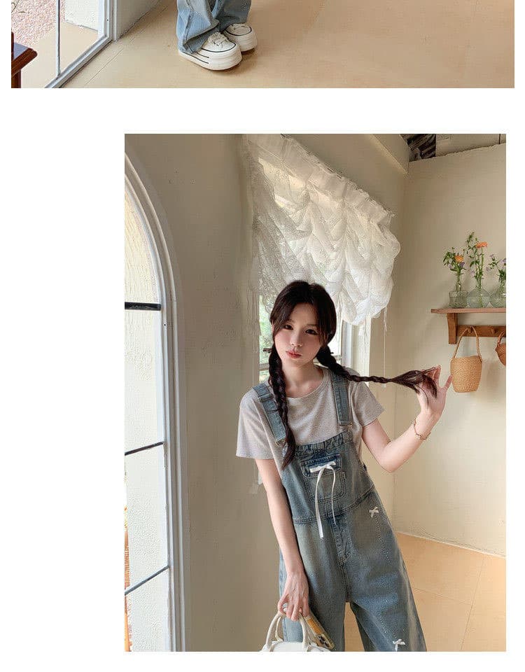 출퇴근 개성 품격 ins 데님 멜빵 바지 여성 루즈핏 나비 매듭 핫픽스 봄 여름 새로운 스트레이트 팬츠 트렌디 상세 이미지 6