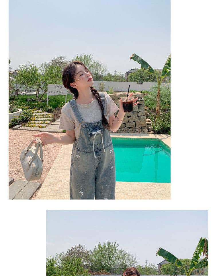 출퇴근 개성 품격 ins 데님 멜빵 바지 여성 루즈핏 나비 매듭 핫픽스 봄 여름 새로운 스트레이트 팬츠 트렌디 상세 이미지 9