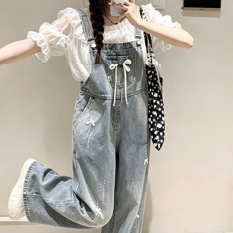 데님 멜빵 바지 여성 루즈핏 나비 매듭 핫픽스 봄 가을 새로운 연령 감소 귀여운 출퇴근 스트레이트 청바지 트렌디 이미지 3