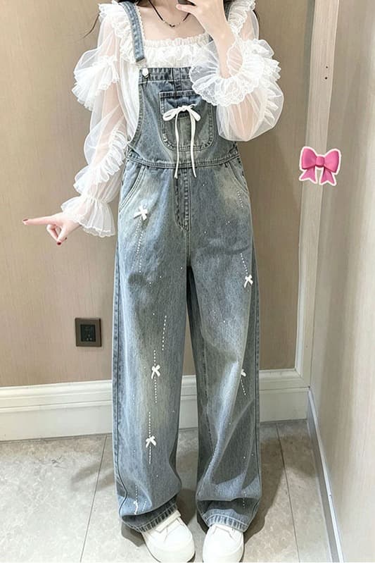 데님 멜빵 바지 여성 루즈핏 나비 매듭 핫픽스 봄 가을 새로운 연령 감소 귀여운 출퇴근 스트레이트 청바지 트렌디 이미지 6