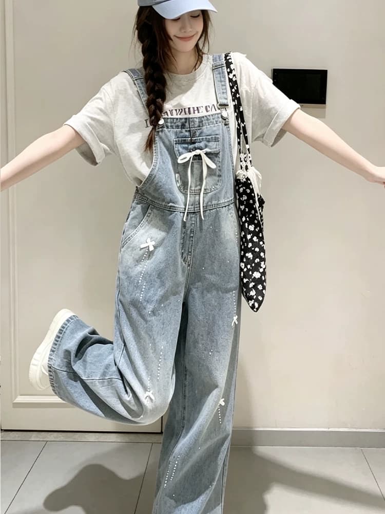 데님 멜빵 바지 여성 루즈핏 나비 매듭 핫픽스 봄 가을 새로운 연령 감소 귀여운 출퇴근 스트레이트 청바지 트렌디 상세 이미지 1