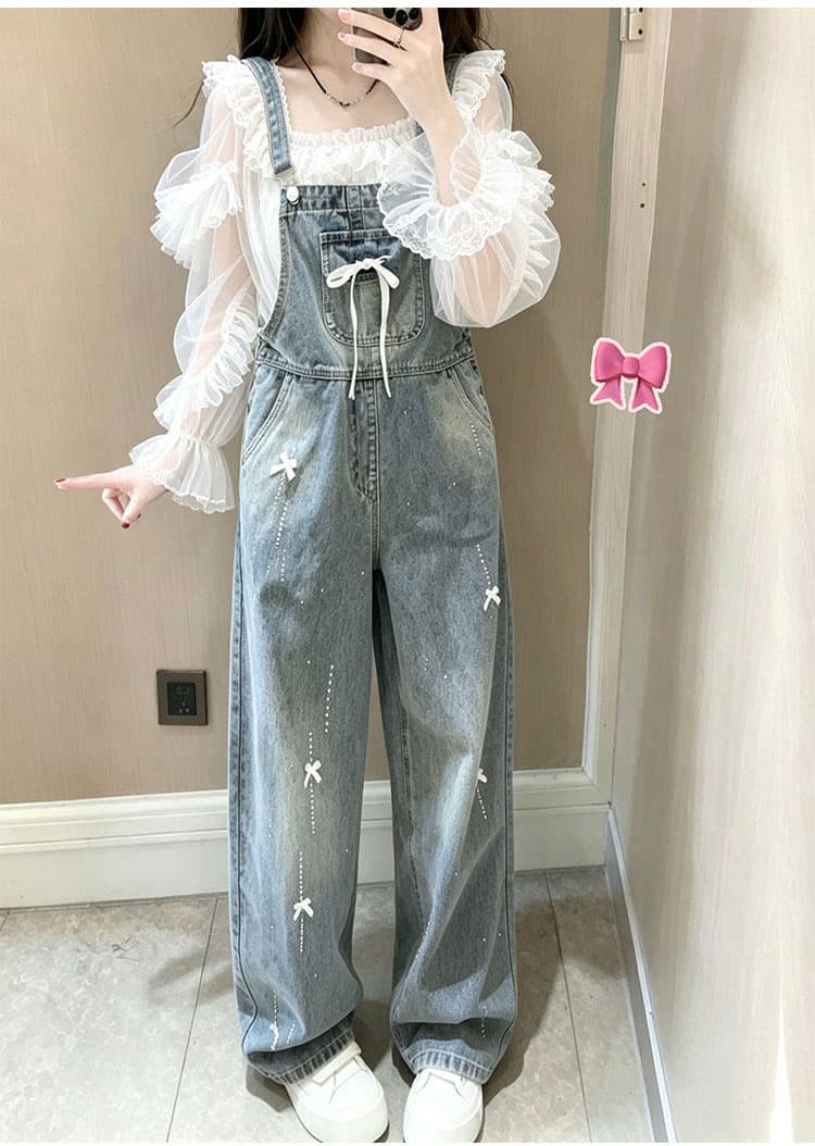 데님 멜빵 바지 여성 루즈핏 나비 매듭 핫픽스 봄 가을 새로운 연령 감소 귀여운 출퇴근 스트레이트 청바지 트렌디 상세 이미지 8
