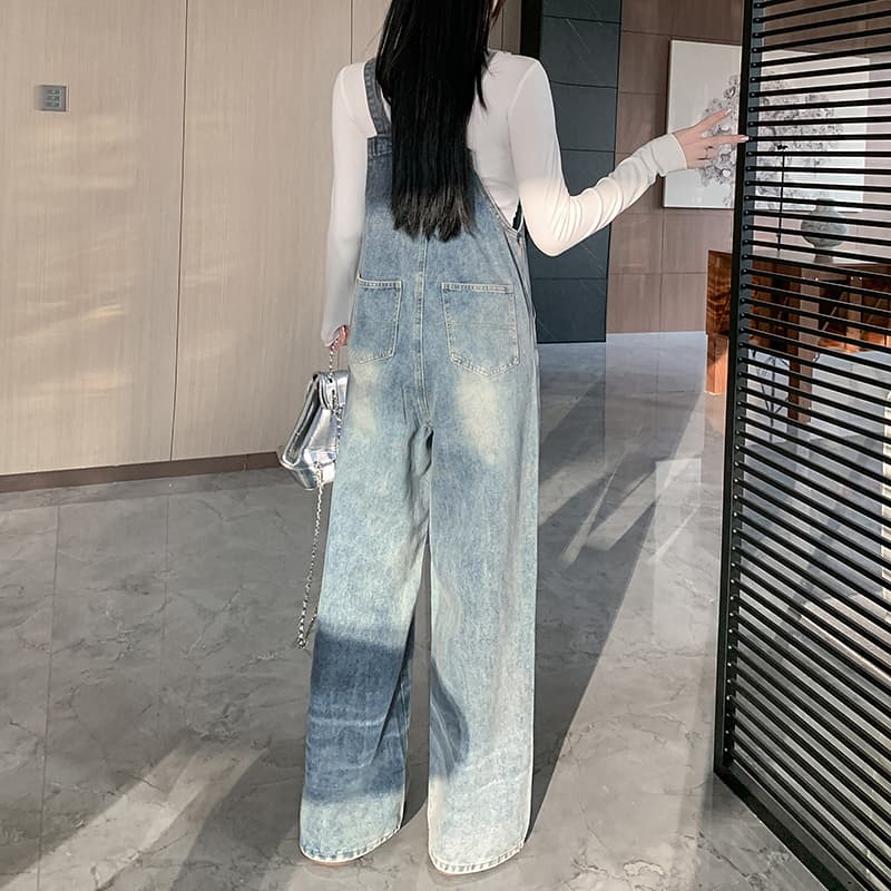 데님 멜빵 바지 여성 루즈핏 나비 매듭 핫픽스 봄 가을 새로운 연령 감소 귀여운 출퇴근 스트레이트 청바지 트렌디 이미지 4