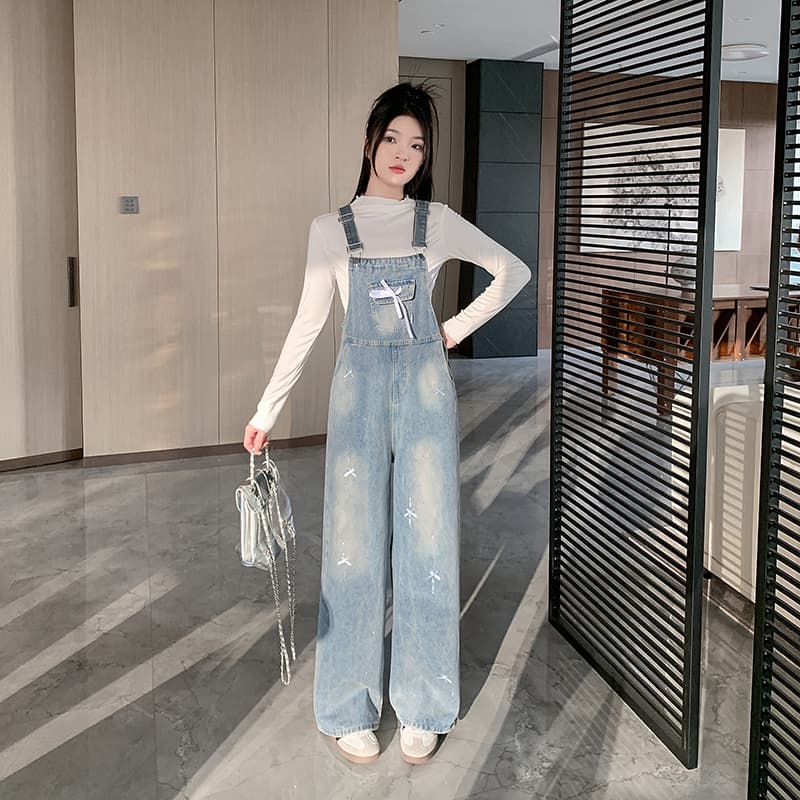 데님 멜빵 바지 여성 루즈핏 나비 매듭 핫픽스 봄 가을 새로운 연령 감소 귀여운 출퇴근 스트레이트 청바지 트렌디 상세 이미지 4