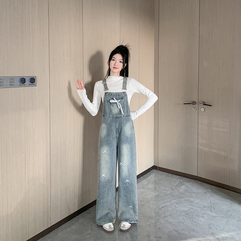 데님 멜빵 바지 여성 루즈핏 나비 매듭 핫픽스 봄 가을 새로운 연령 감소 귀여운 출퇴근 스트레이트 청바지 트렌디 상세 이미지 6