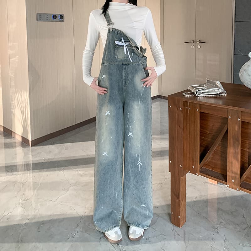 데님 멜빵 바지 여성 루즈핏 나비 매듭 핫픽스 봄 가을 새로운 연령 감소 귀여운 출퇴근 스트레이트 청바지 트렌디 상세 이미지 7