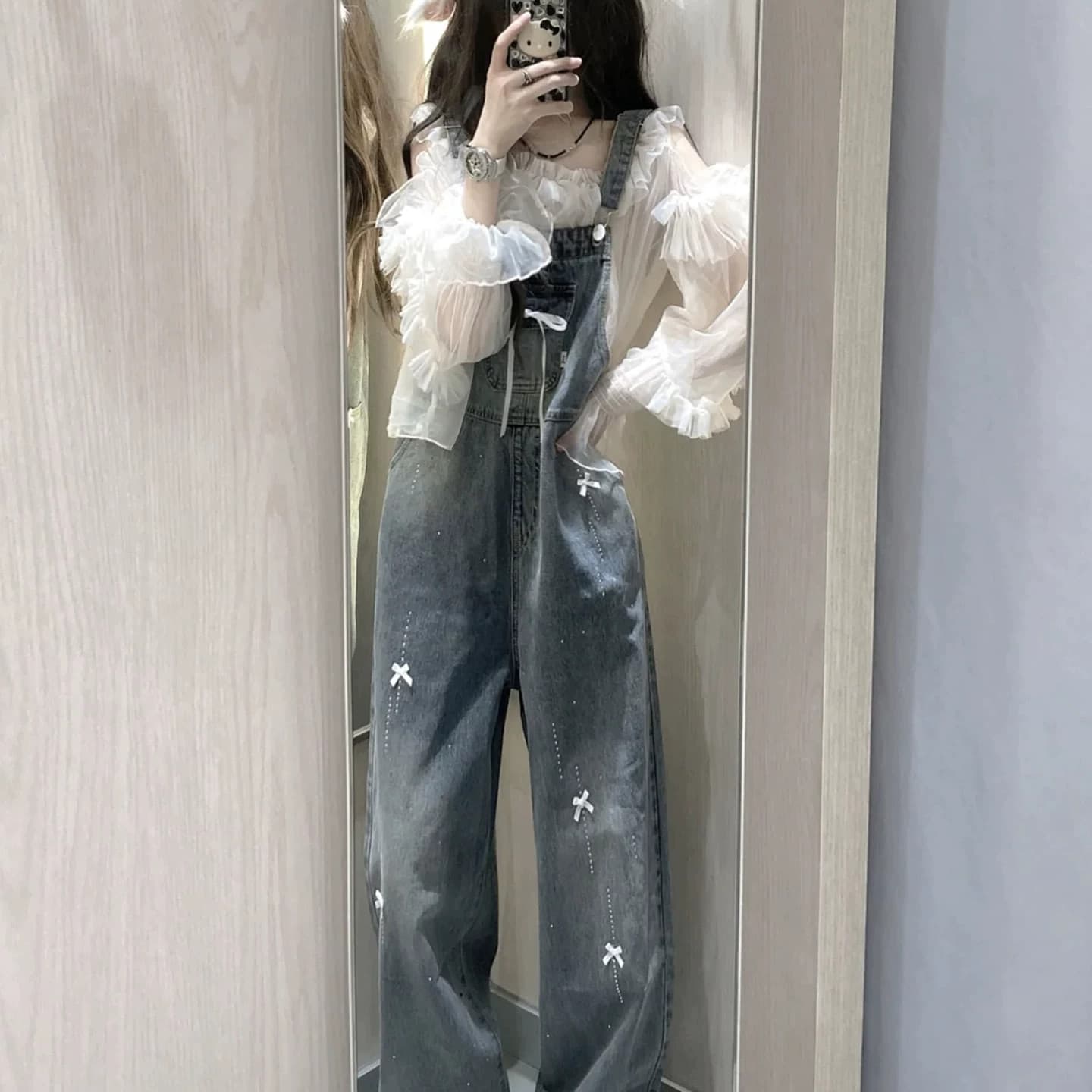 데님 멜빵 바지 여성 루즈핏 나비 매듭 핫픽스 봄 가을 새로운 연령 감소 귀여운 출퇴근 스트레이트 청바지 트렌디 이미지 4
