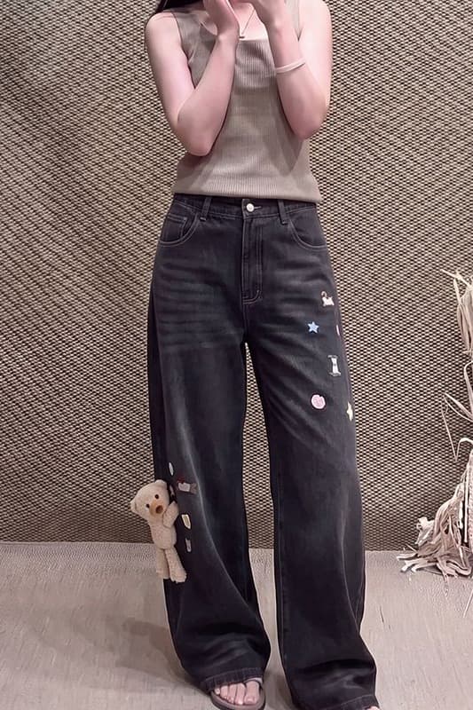 개성 자수 작은 곰 행침 장식 넓은 다리 청바지 여성 봄 가을 새로운 디자인 센스 루즈핏 슬림해 보이는 바닥 청소 청바지 이미지 6