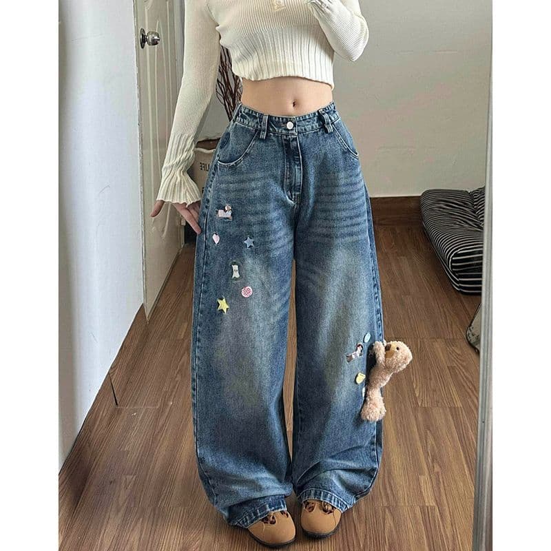 개성 자수 작은 곰 행침 장식 넓은 다리 청바지 여성 봄 가을 새로운 디자인 센스 루즈핏 슬림해 보이는 바닥 청소 청바지 이미지 2