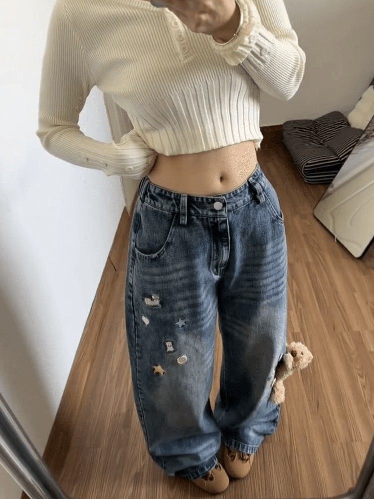 개성 자수 작은 곰 행침 장식 넓은 다리 청바지 여성 봄 가을 새로운 디자인 센스 루즈핏 슬림해 보이는 바닥 청소 청바지 상세 이미지 6