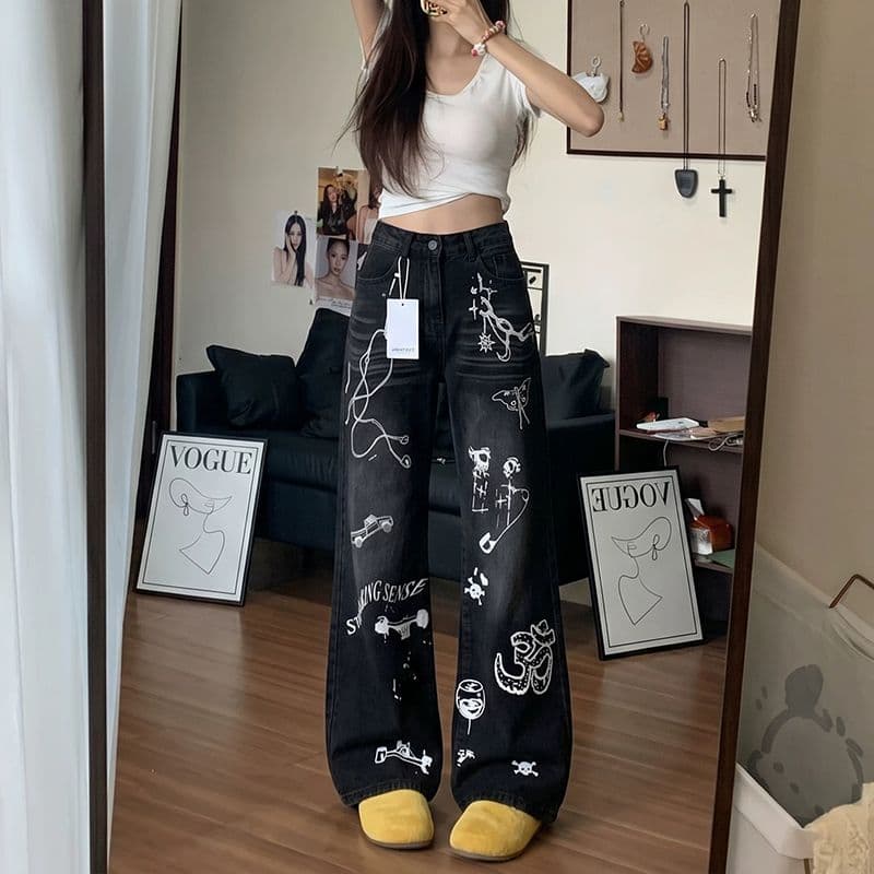 거리 트렌드 출퇴근 낙서 프린트 청바지 여성 봄 가을 새로운 개성 루즈핏 패션 스트레이트 청바지