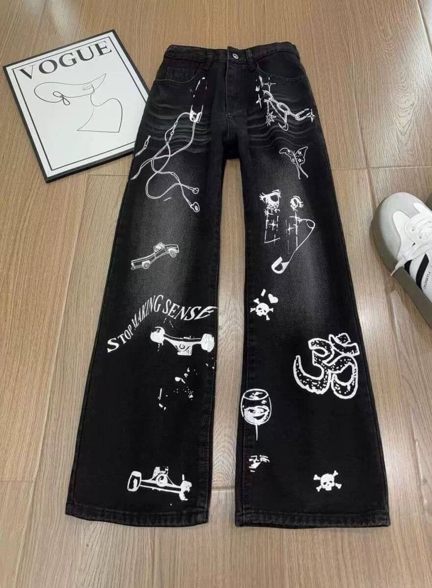 거리 트렌드 출퇴근 낙서 프린트 청바지 여성 봄 가을 새로운 개성 루즈핏 패션 스트레이트 청바지 상세 이미지 5