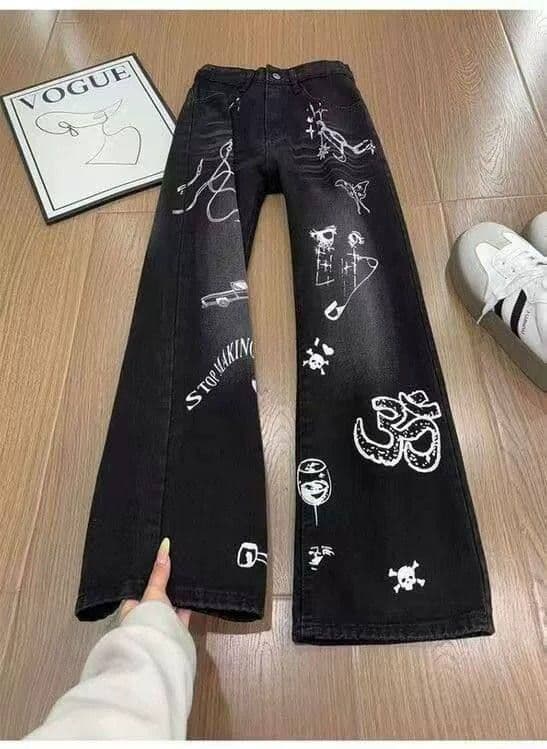 거리 트렌드 출퇴근 낙서 프린트 청바지 여성 봄 가을 새로운 개성 루즈핏 패션 스트레이트 청바지 상세 이미지 6