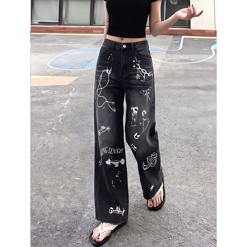 거리 트렌드 출퇴근 낙서 프린트 청바지 여성 봄 가을 새로운 개성 루즈핏 패션 스트레이트 청바지 이미지 3