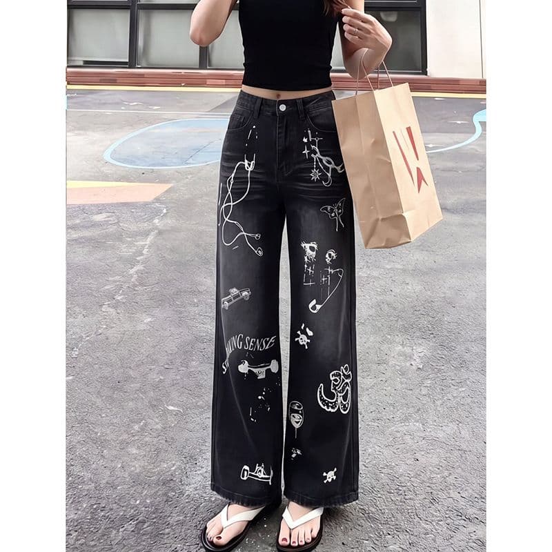 거리 트렌드 출퇴근 낙서 프린트 청바지 여성 봄 가을 새로운 개성 루즈핏 패션 스트레이트 청바지 이미지 4