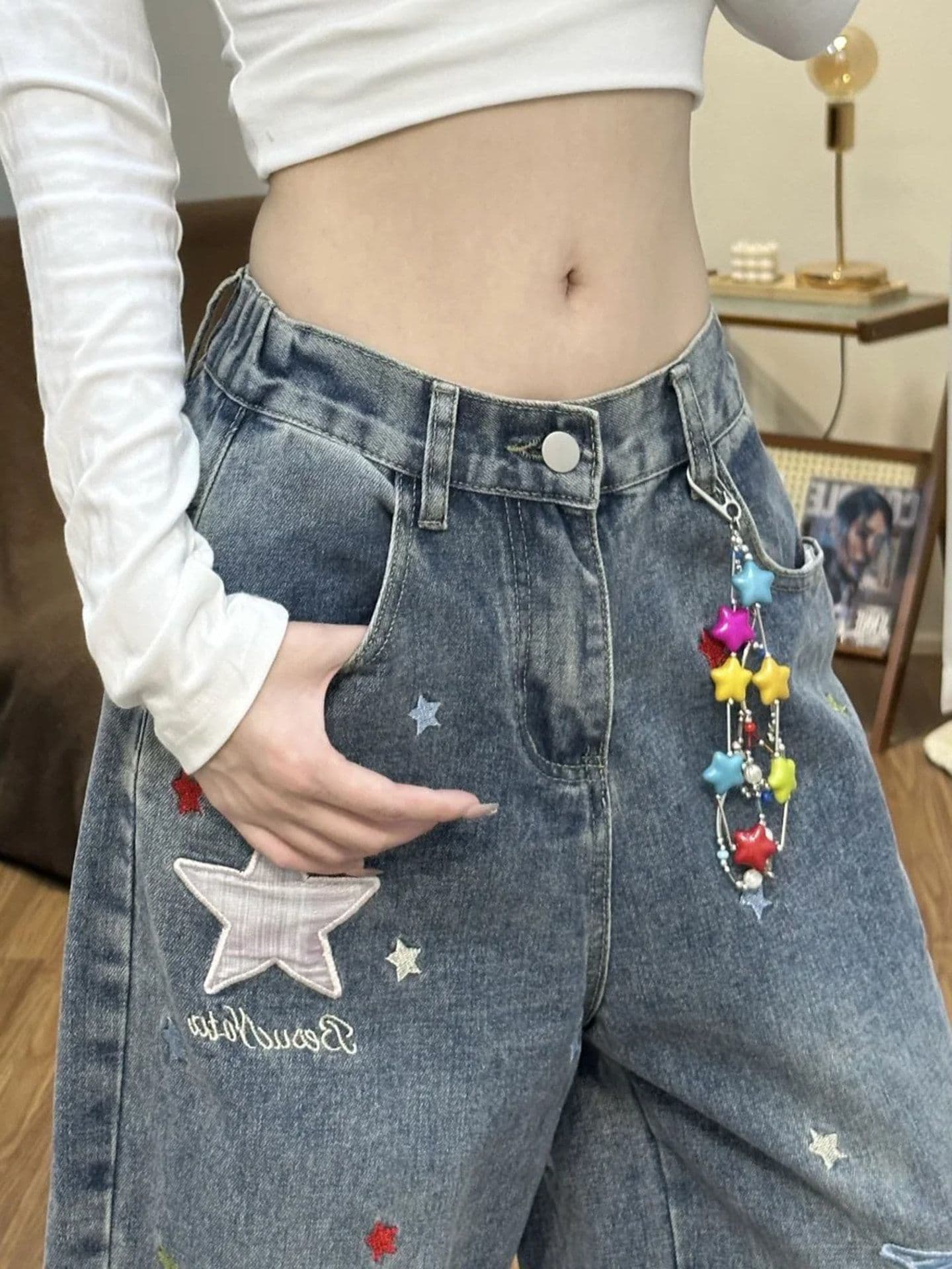 출퇴근 별 패치 자수 청바지 여성 봄 가을 새로운 루즈핏 디자인 센스 ins 다용도 청바지 트렌디 상세 이미지 4