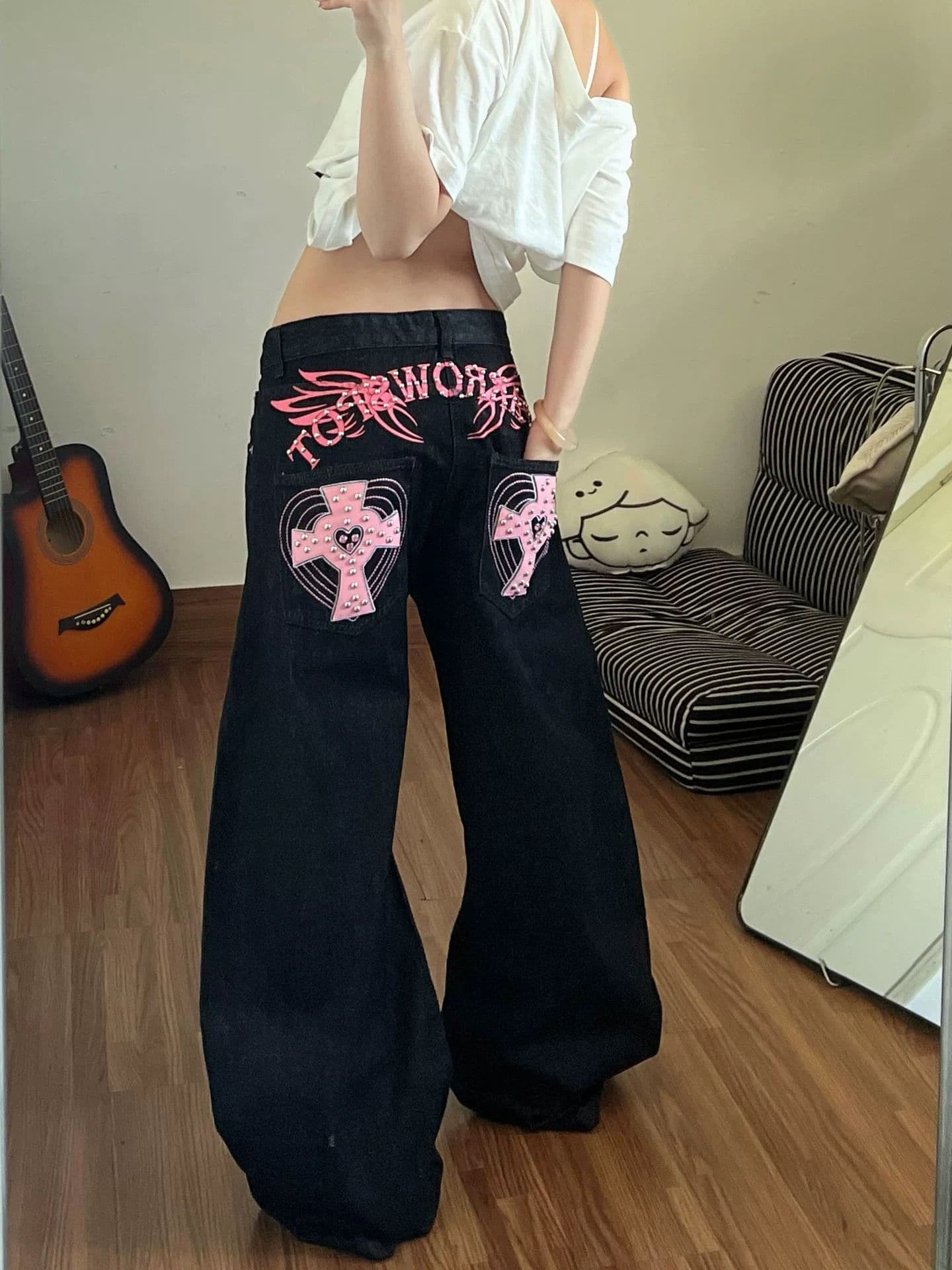 아메리칸 트렌드 ins 십자가 징 모통이 칼 청바지 여성 봄 가을 새로운 패션 바닥 청소 청바지 트렌디 상세 이미지 2