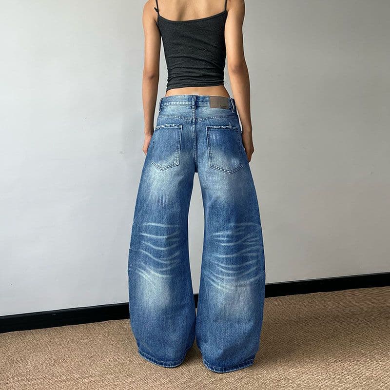 웃음 하 아메리칸 개성 스트레이트 청바지 여성 봄 가을 새로운 학원 스타일 루즈핏 패션 바닥 청소 데님 바지 이미지 5