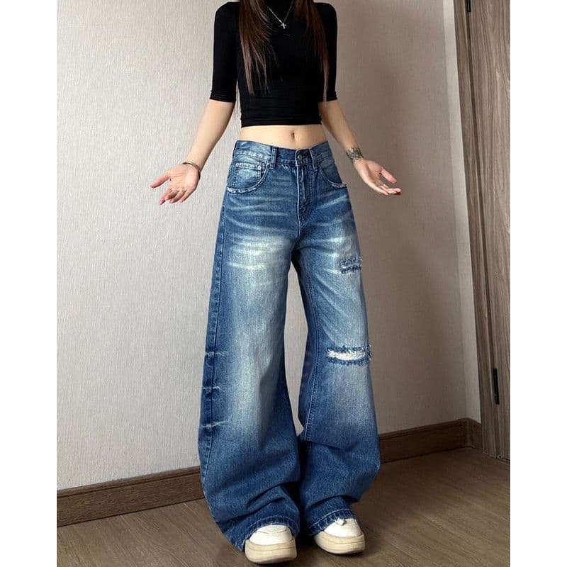 웃음 하 아메리칸 개성 스트레이트 청바지 여성 봄 가을 새로운 학원 스타일 루즈핏 패션 바닥 청소 데님 바지 이미지 2