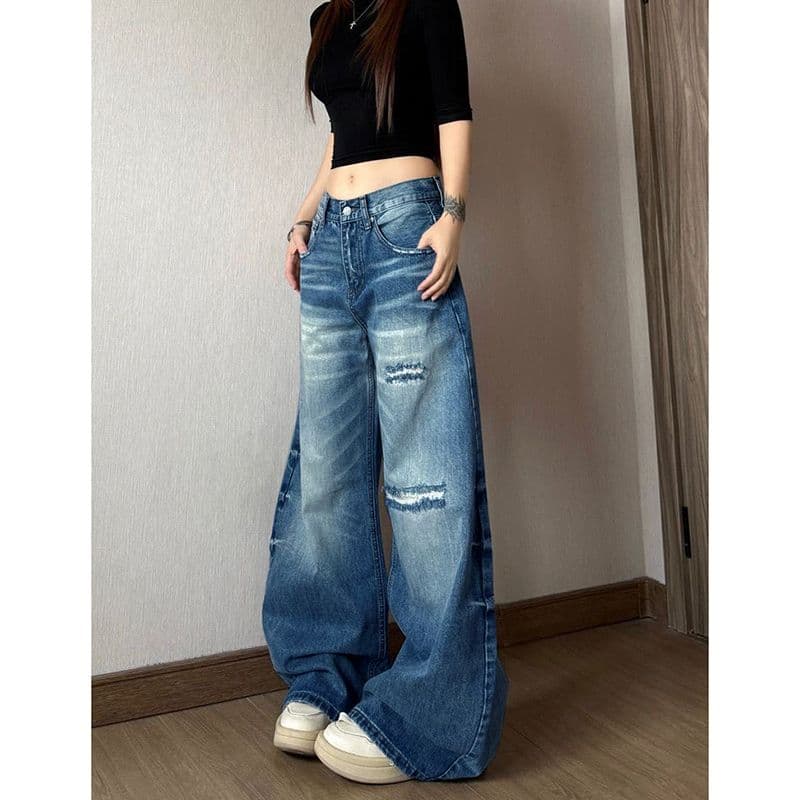 웃음 하 아메리칸 개성 스트레이트 청바지 여성 봄 가을 새로운 학원 스타일 루즈핏 패션 바닥 청소 데님 바지 이미지 3